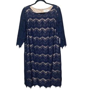 Eliza J Dress Blue Lace Tan Underlay Women’s Plus Size 14W